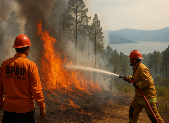 Ilustrasi Asap tebal menyelimuti kawasan Danau Toba akibat kebakaran hutan. Upaya rekayasa cuaca direncanakan untuk menekan perluasan api di tengah kemarau panjang. (AI)