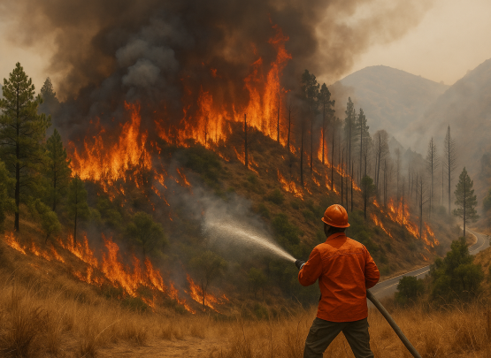 Ilustrasi petugas gabungan BPBD, Manggala Agni, dan DLHK berupaya memadamkan api di hutan Padang Lawas. Luas area terbakar diperkirakan mencapai lebih dari 400 hektar. (AI)