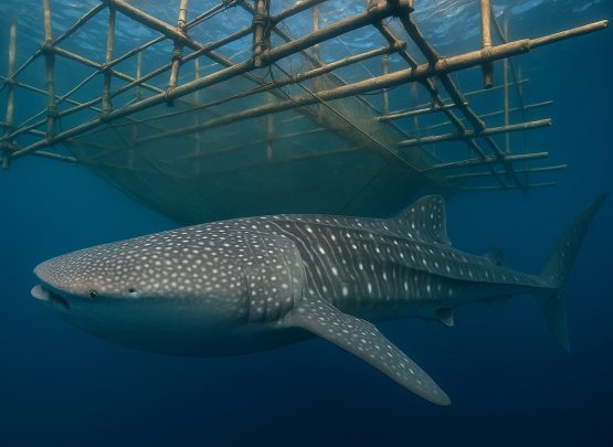Seekor hiu paus melintas di bawah bagan tradisional di perairan Papua Barat, tempat interaksi manusia sering menyebabkan luka pada tubuhnya. (AI)