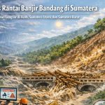 Banjir bandang menerjang kawasan permukiman di Sumatra akibat hujan ekstrem yang diperkuat Siklon Tropis Senyar, membawa material lumpur dan kayu dari wilayah hulu. (Foto AI)
