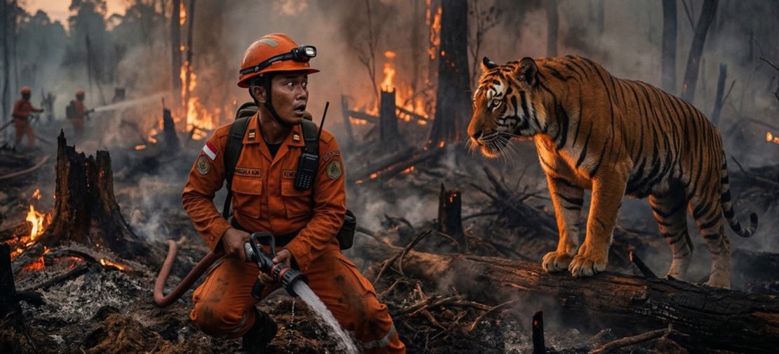 Ilustrasi ketemu harimau - AI