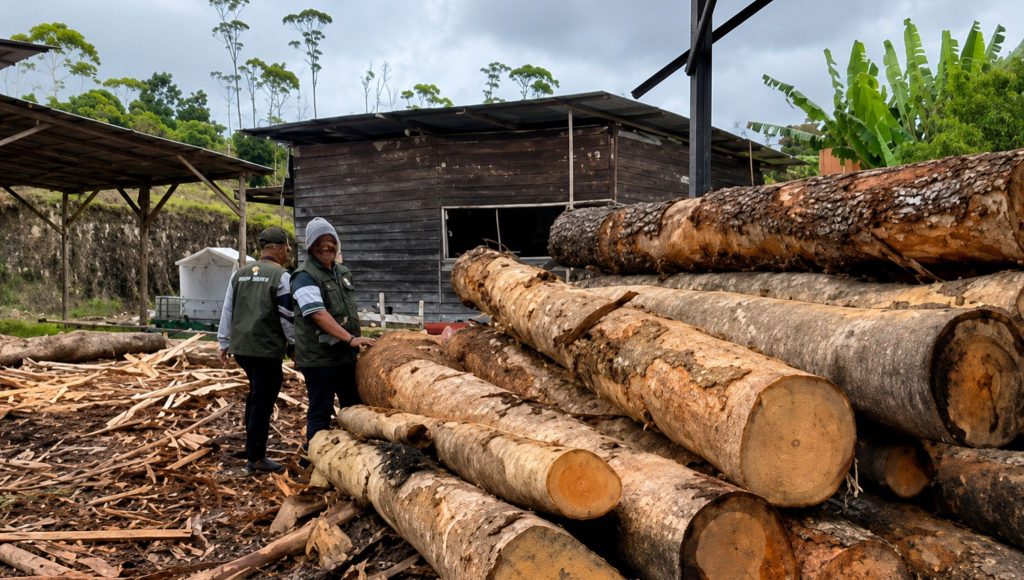 Tumpukan kayu di sebuah sawmill di Kabupaten Humbang Hasundutan menjadi bukti bahwa praktik pembalakan liar masih terus mengancam hutan Sumatera Utara. Operasi Balai Gakkum Kehutanan Wilayah Sumatera bersama KPH XIII Humbahas berhasil mengamankan 219 batang kayu log ilegal yang diduga tidak memiliki dokumen maupun penanda legalitas resmi. (AI)
