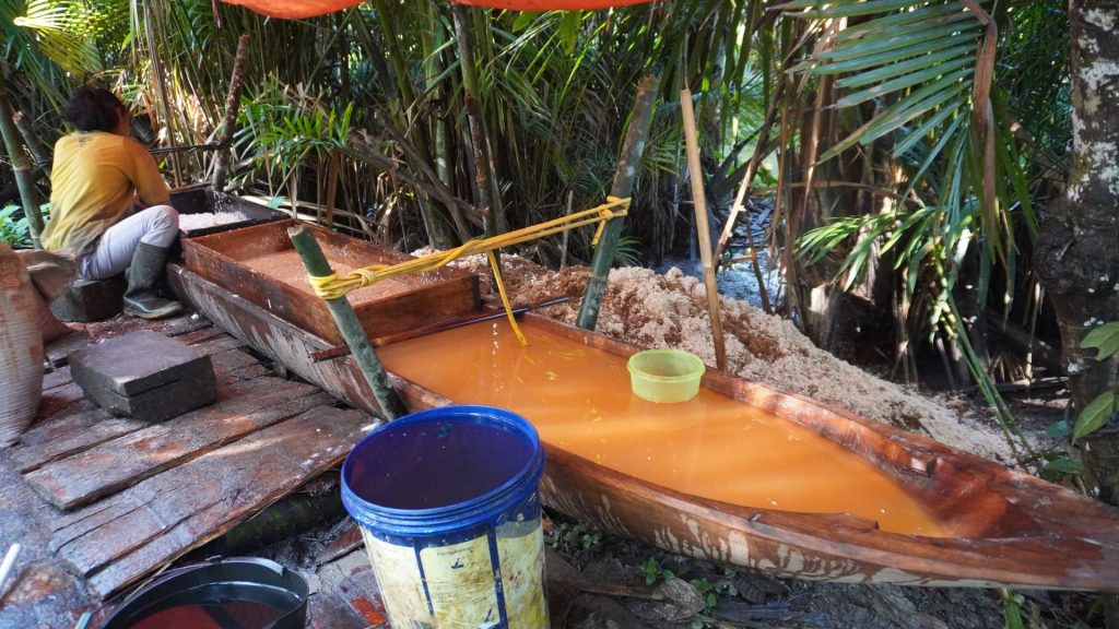 Seorang warga di Desa Madobak, Kecamatan Siberut Selatan, Kabupaten Kepulauan Mentawai sedang memproses sagu.