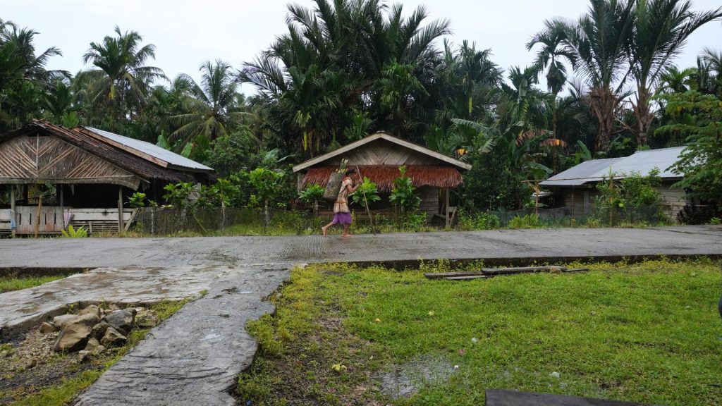Seorang warga Desa Madobak, Kecamatan Siberut Selatan, Kepulauan Mentawai melintas membawa tas punggung terbuat dari rotan khas.